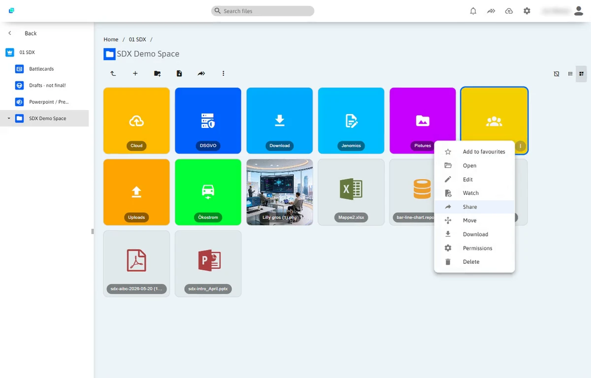 Kontextmenü eines Ordners in SDX mit der Option „Share“